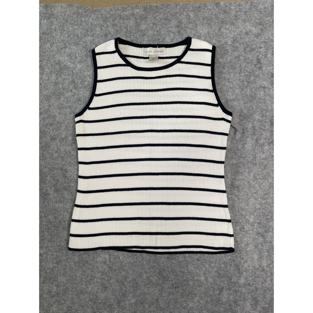 Casual Corner Womens Medium Ribbed Knit Striped Shell Top Navy White Cotton UK